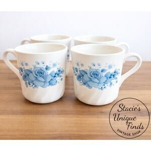 Corelle Corning Blue Velvet Rose Coffee Cup Mug Set Of 4 Floral Swirl 3 1/2" VTG
